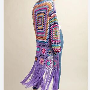 Dreamers by Debut Rainbow Crochet Tassel Cardigan Granny Square KnitM/L Festival